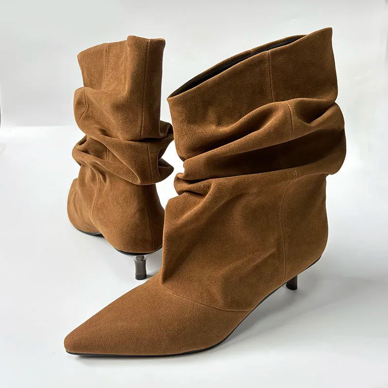 Pointed Slouch Boots - Brown Suede