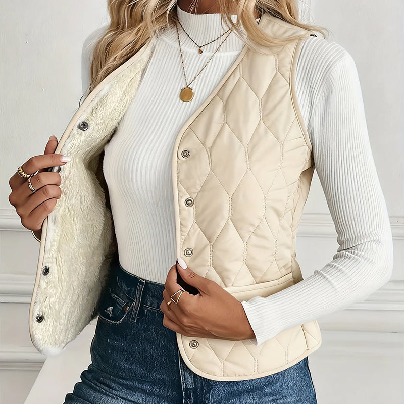 Quilted Snap-Front Vest With Sherpa