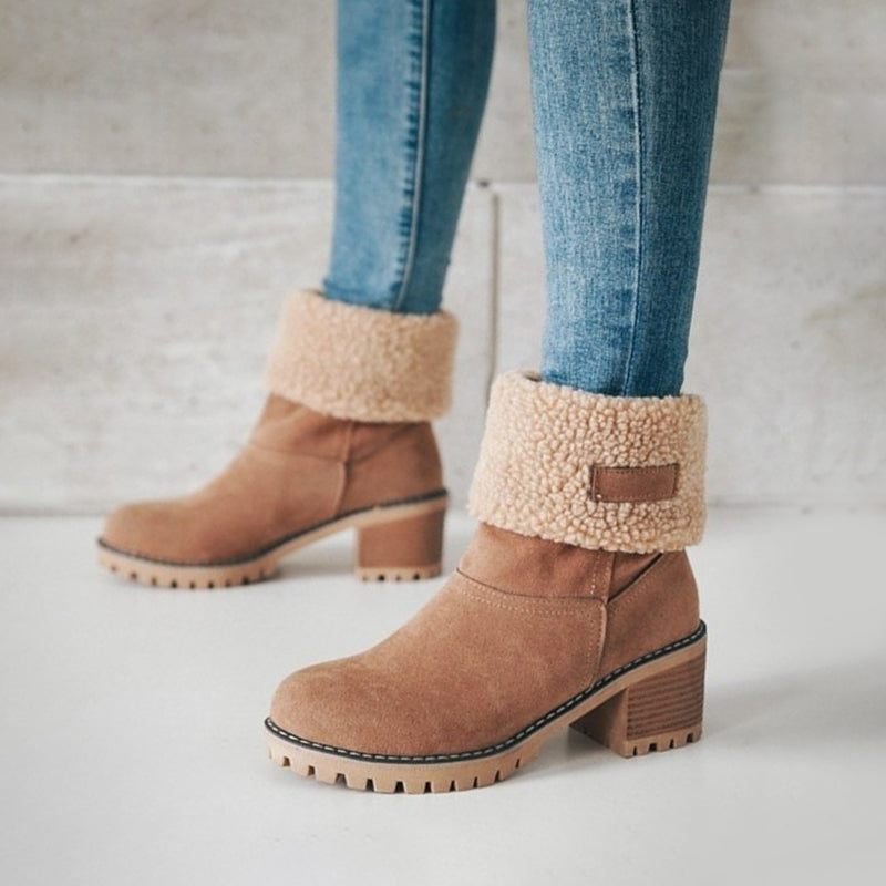 Women's Winter Boots – Fold-Over Cuff, Chunky Heel