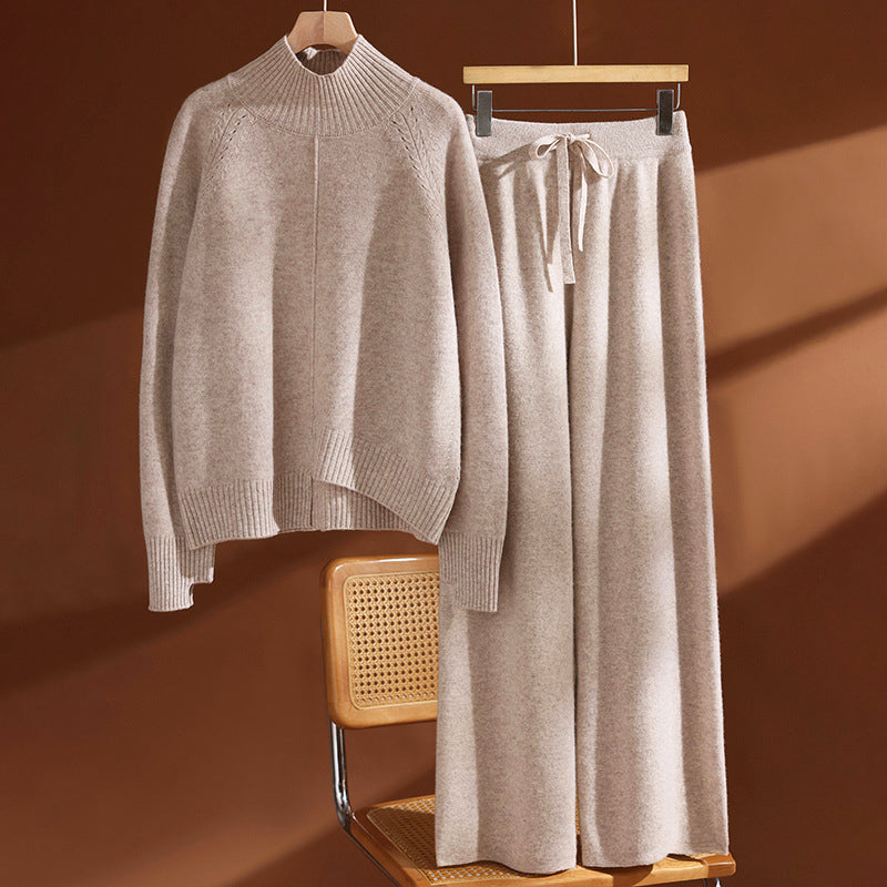 Women's Wool Knit Set – Cozy High Neck Sweater & Wide Leg Pants