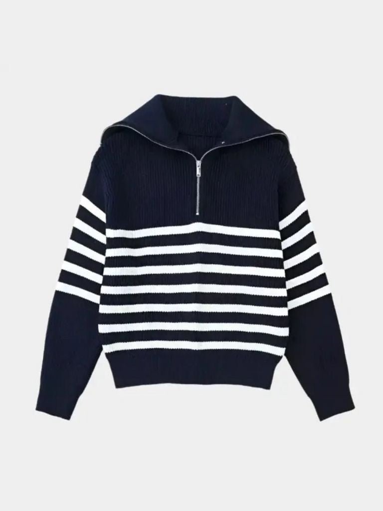 Striped Zip-Up Sweater - Elegant Casual Knitwear