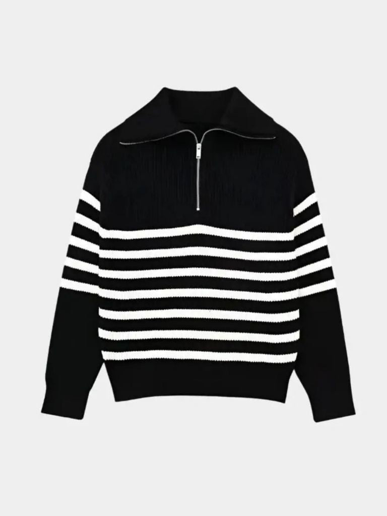 Striped Zip-Up Sweater - Elegant Casual Knitwear
