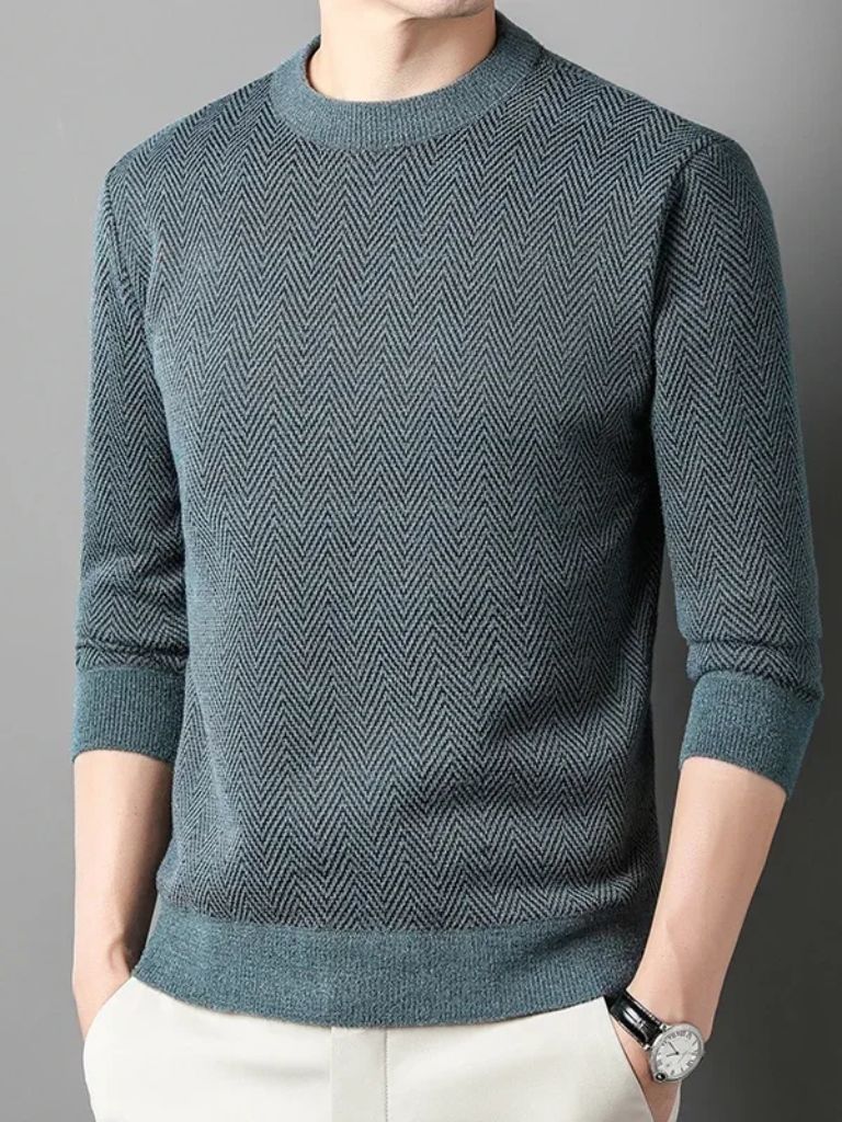 Wool Sweater – Tailored Fit Herringbone Pattern Pullover