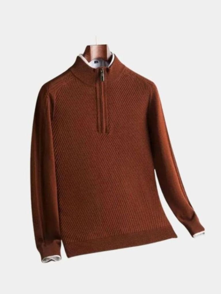 Wool Quarter Zip Sweater - Striped Stylish Pullover