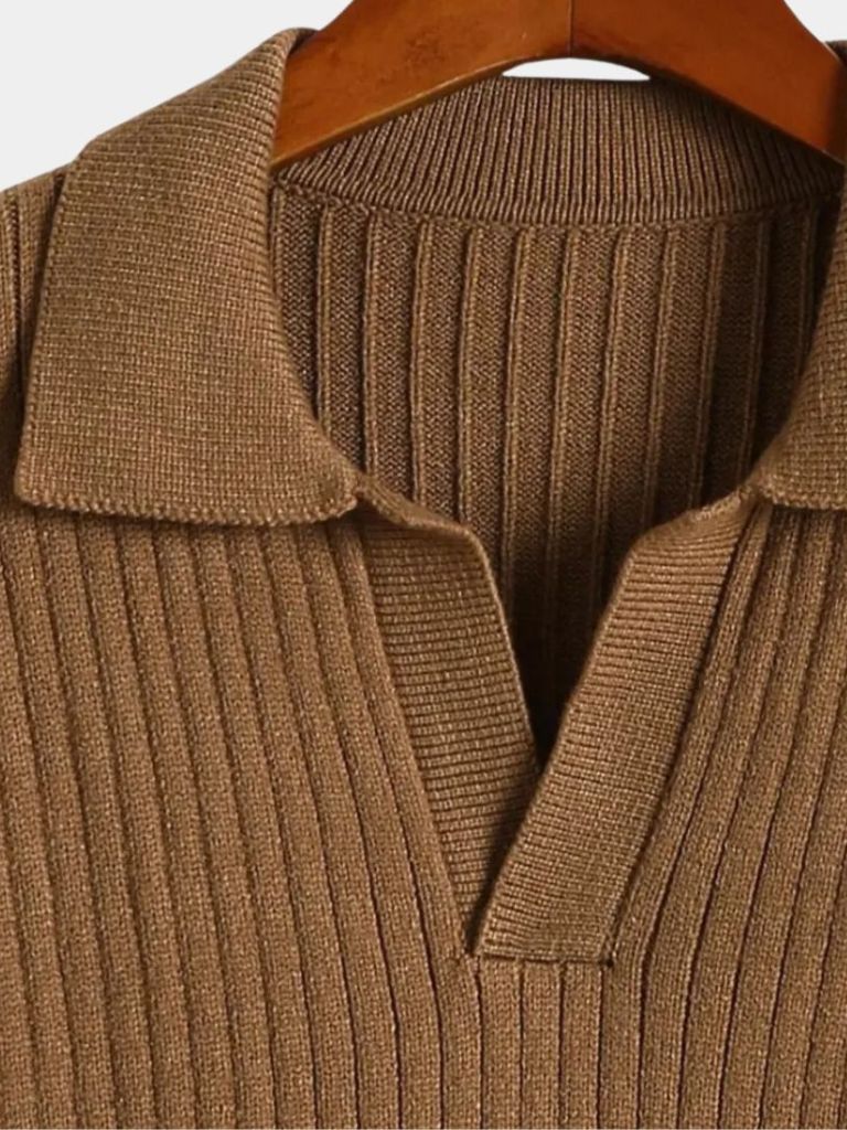 Ribbed V-Neck Sweater – Retro Style Polo Sweater