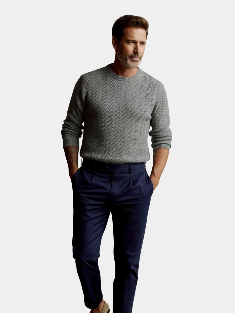 Wool Sweater – Tailored Fit Herringbone Pattern Pullover