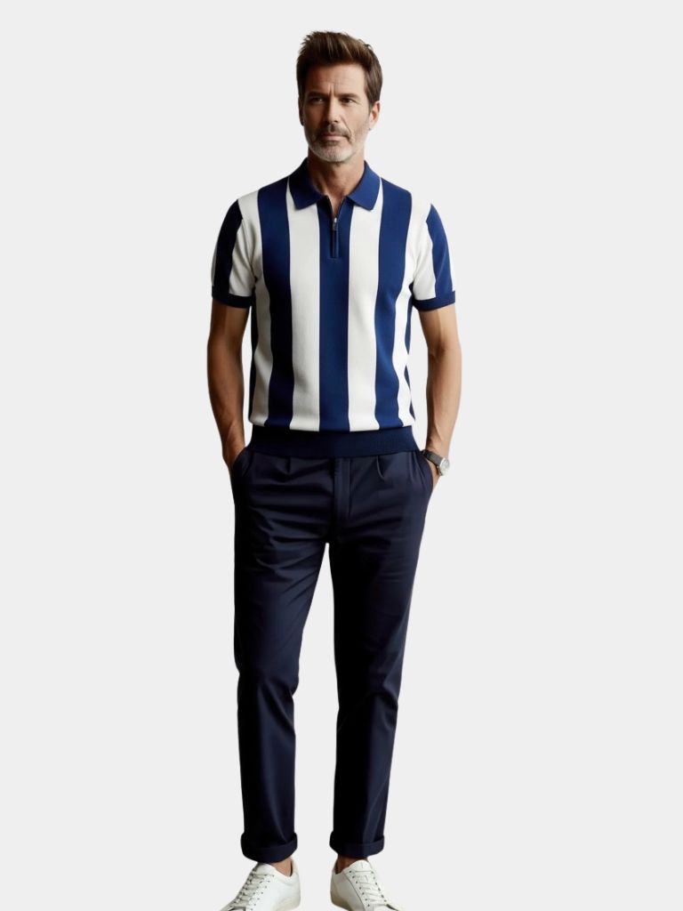 Navy Striped Polo Shirt | Breathable Cotton
