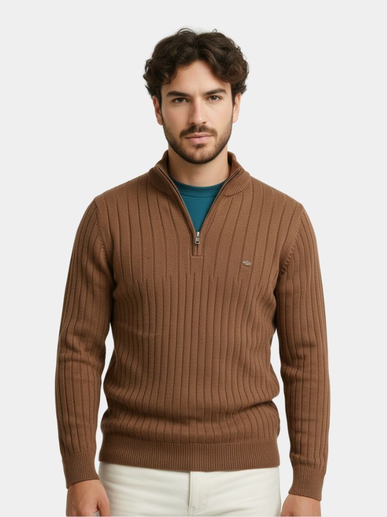 Quarter-Zip Sweater | Cotton Knit Vertical Stripes | Viretti Milano