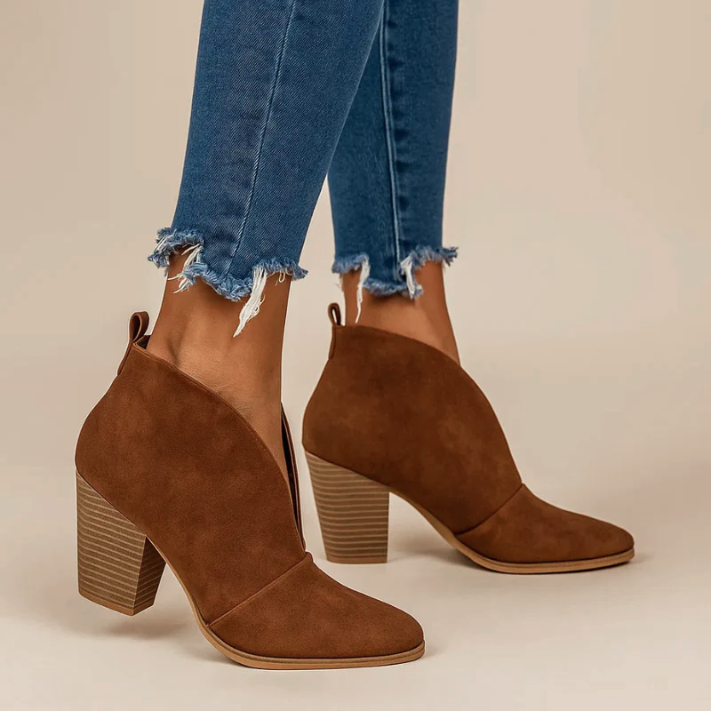 Block Heel Ankle Boots - Elegant Cutout