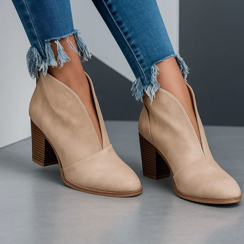 Block Heel Ankle Boots - Elegant Cutout