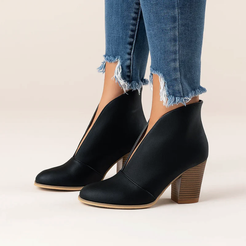 Block Heel Ankle Boots - Elegant Cutout