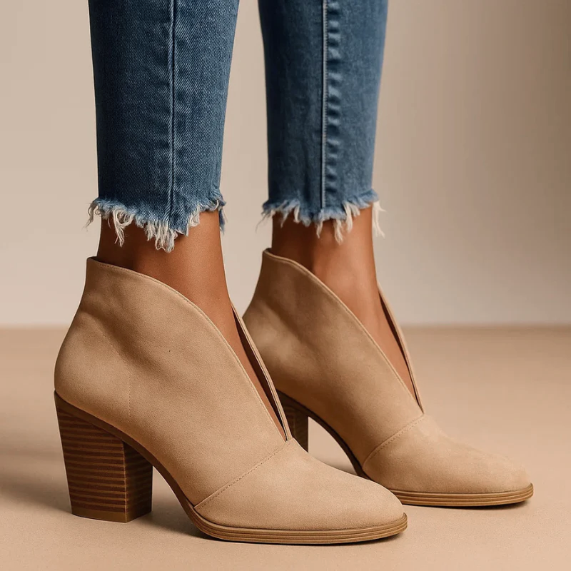 Block Heel Ankle Boots - Elegant Cutout