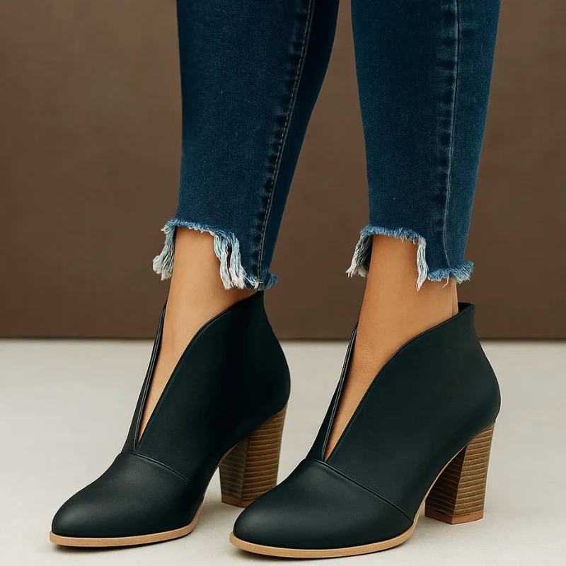 Block Heel Ankle Boots - Elegant Cutout