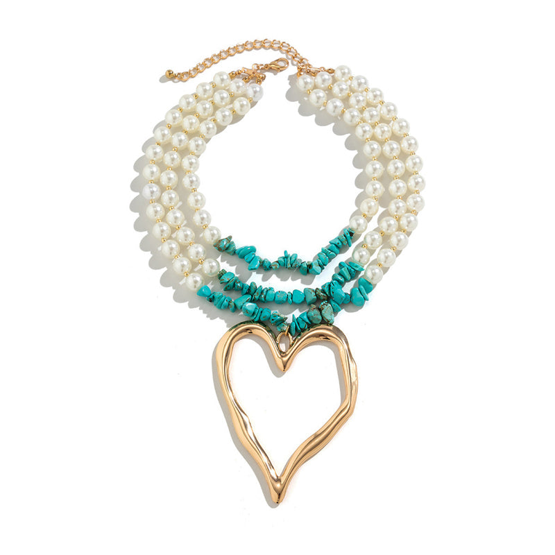 Beaded Statement Necklace – Gold Heart Pendant