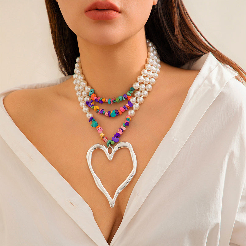 Beaded Statement Necklace – Gold Heart Pendant
