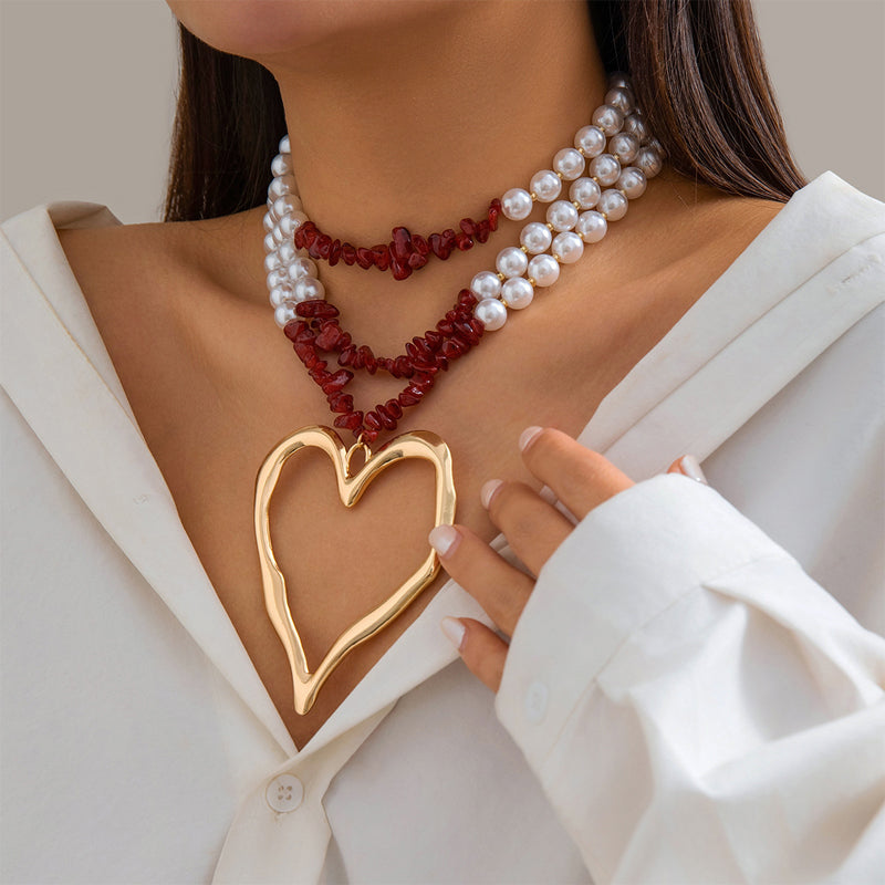 Beaded Statement Necklace – Gold Heart Pendant