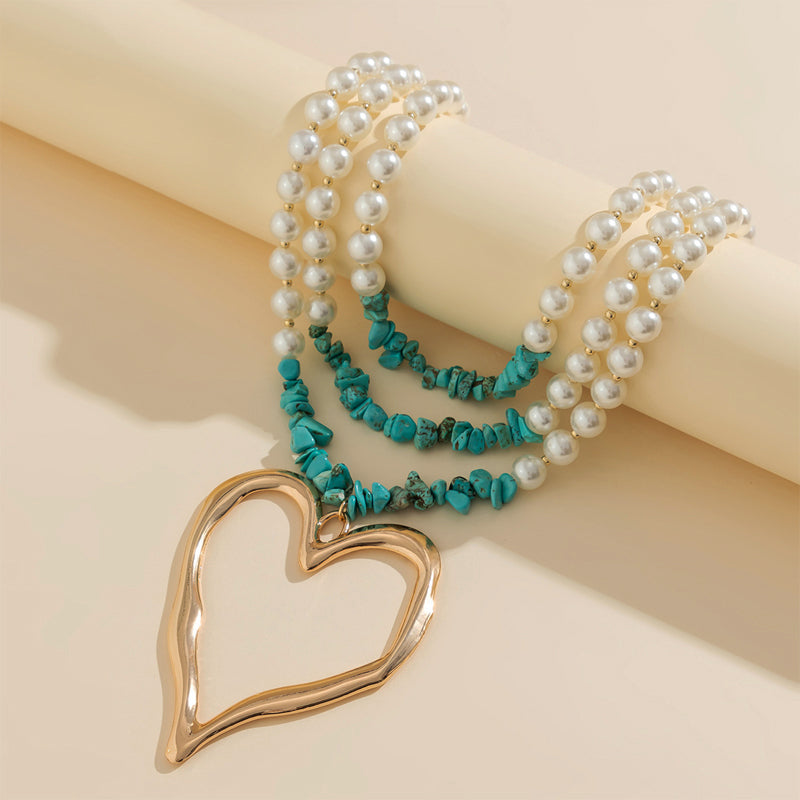 Beaded Statement Necklace – Gold Heart Pendant