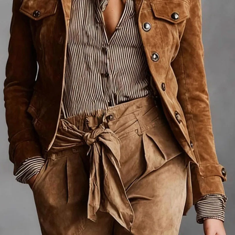 Suede Button-Up Jacket – Cropped Tailored
