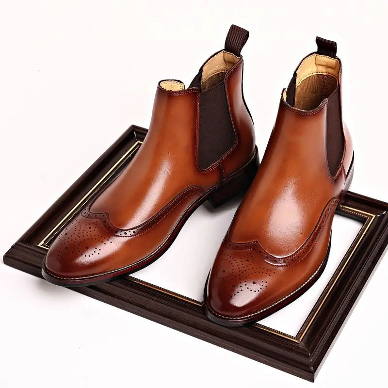Italian Leather Chelsea Boots – Slip-On Brogue Ankle