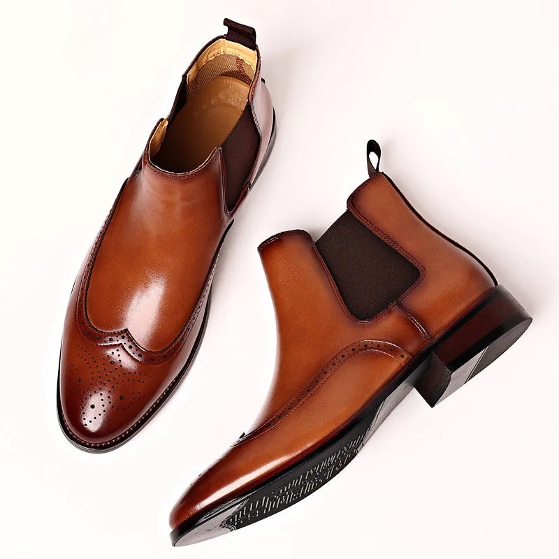 Italian Leather Chelsea Boots – Slip-On Brogue Ankle