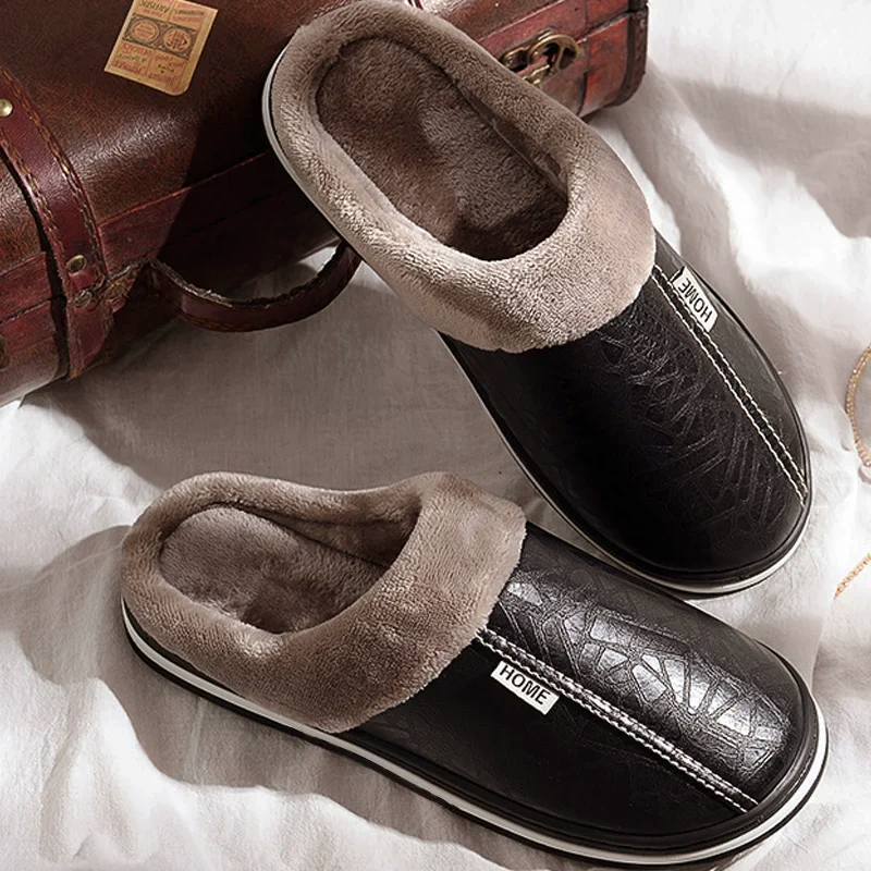 Men's Faux Leather Slippers – Italian Style Plush Lined