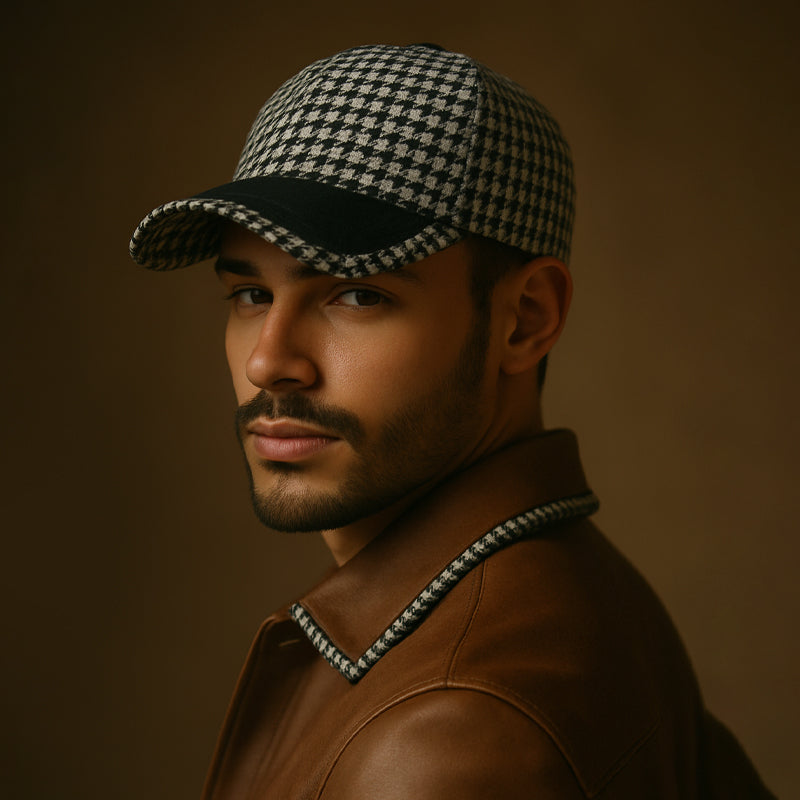 Houndstooth Cap – Faux Leather Visor