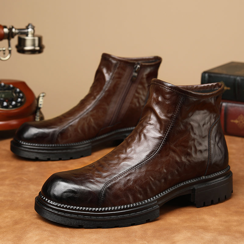 Italian Leather Ankle Boots | Men's Rounded Toe Chunky Sole