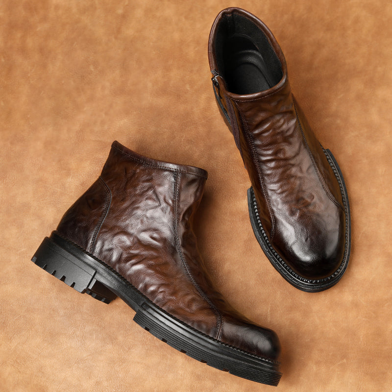 Italian Leather Ankle Boots | Men's Rounded Toe Chunky Sole