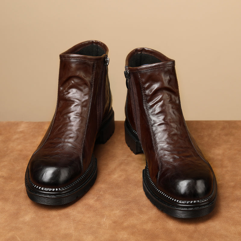 Italian Leather Ankle Boots | Men's Rounded Toe Chunky Sole