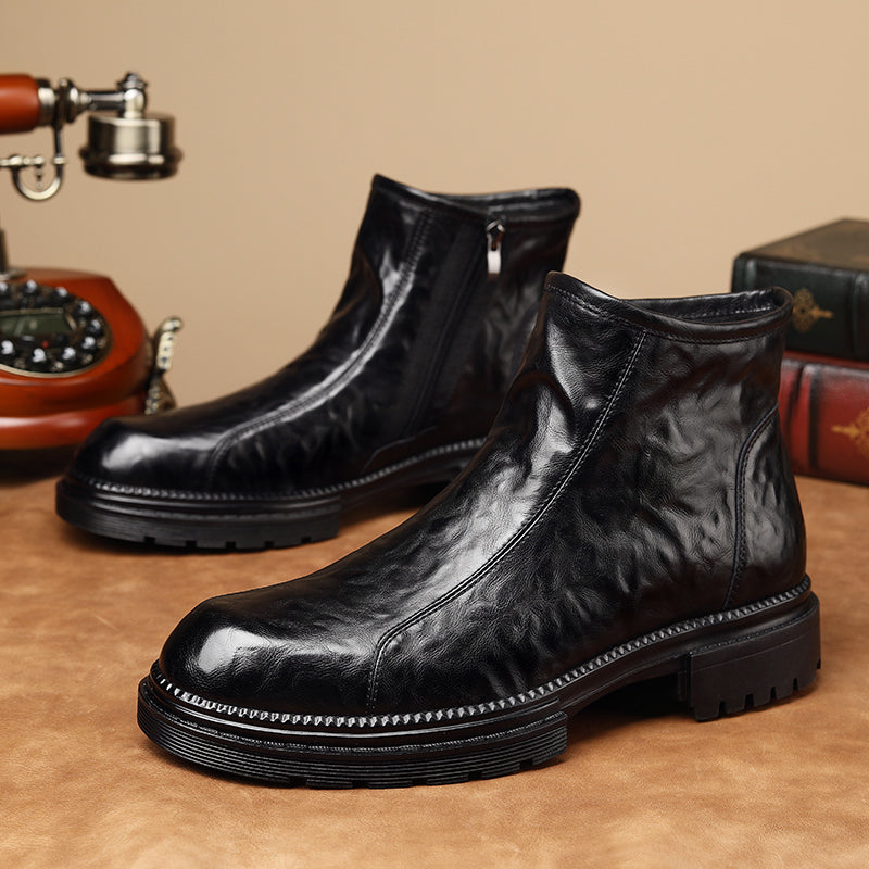 Italian Leather Ankle Boots | Men's Rounded Toe Chunky Sole