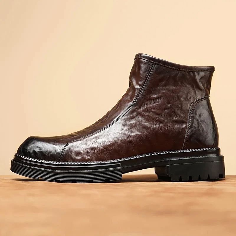 Italian Leather Ankle Boots | Men's Rounded Toe Chunky Sole