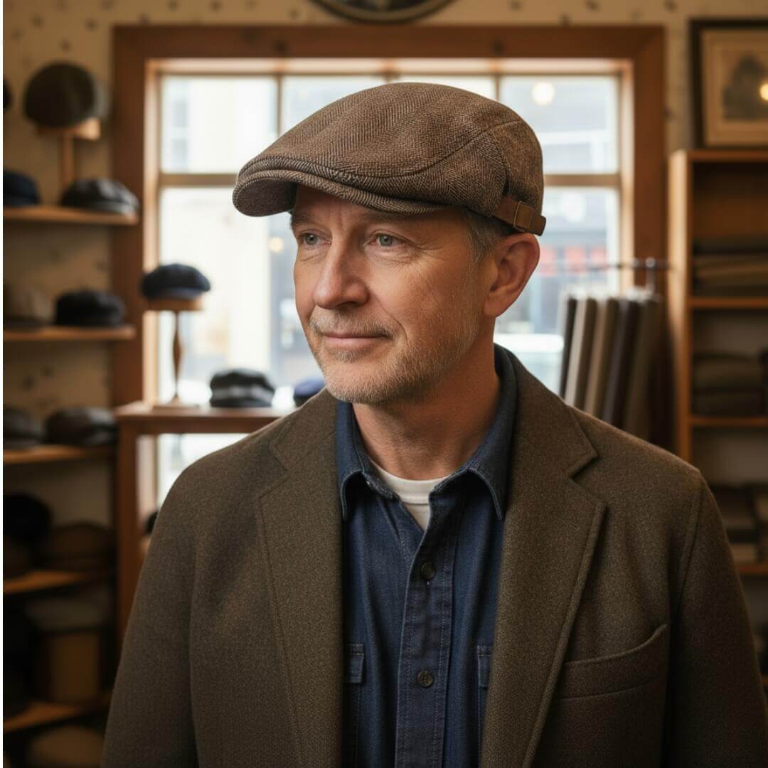 Wool Herringbone Flat Cap - Adjustable Classic