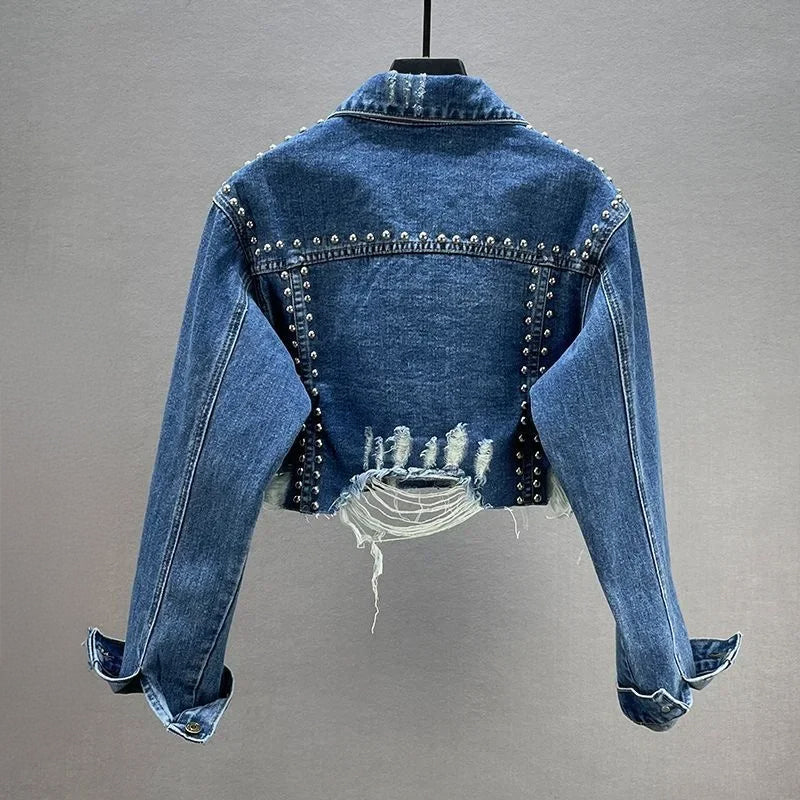 Studded Denim Jacket - Cropped Metallic Stud Coat