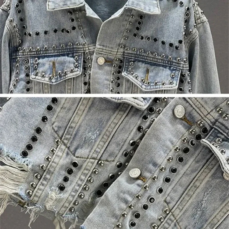Studded Denim Jacket - Cropped Metallic Stud Coat