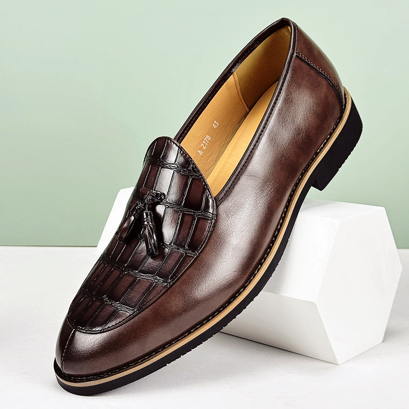 Italian Tassel Loafers | Classic Leather Slip-Ons With Croc Embossed Detail | Viretti Milano