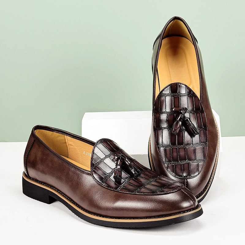 Italian Tassel Loafers | Classic Leather Slip-Ons With Croc Embossed Detail | Viretti Milano