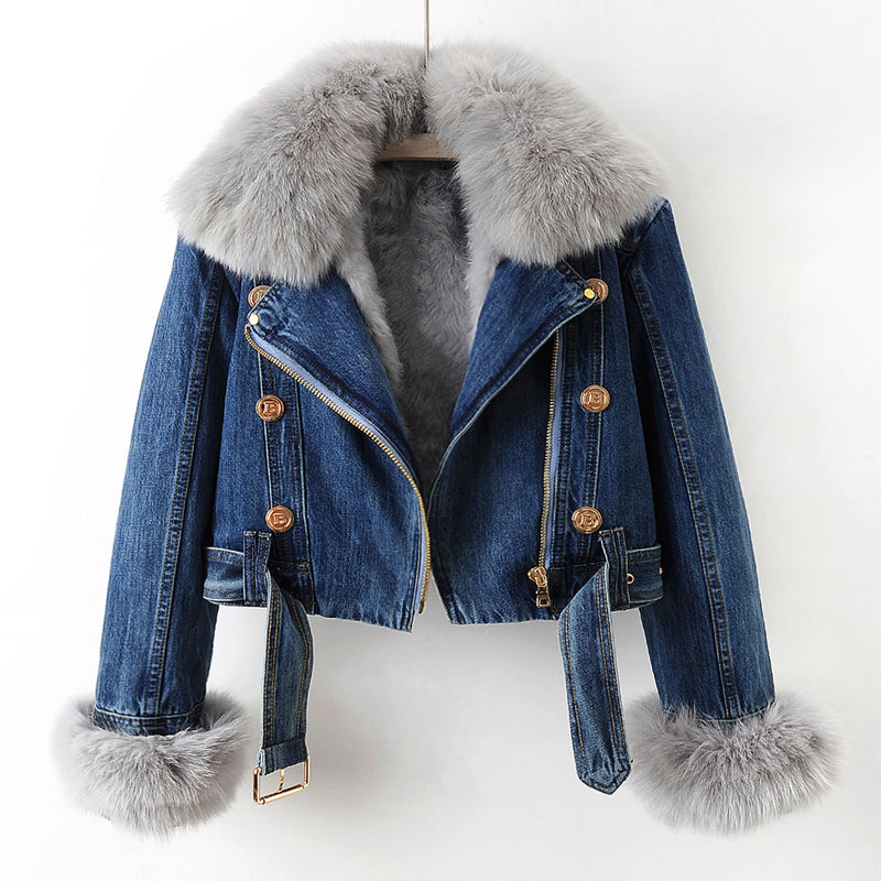 Luxurious Denim Coat With Faux Fur