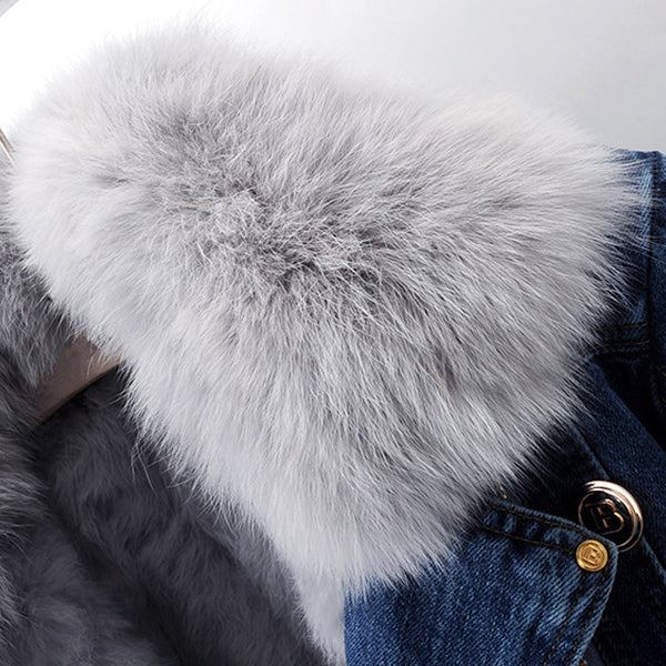 Luxurious Denim Coat With Faux Fur