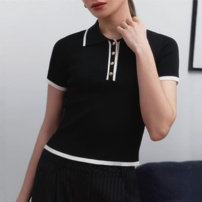 Ribbed Knit Top With Tailored Lapel