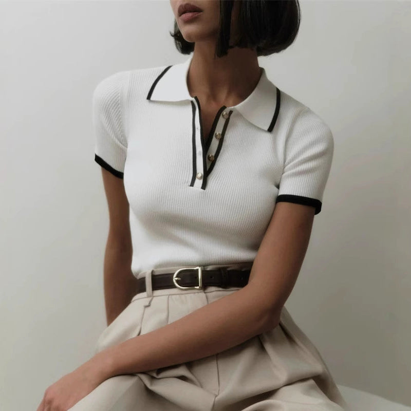 Ribbed Knit Top With Tailored Lapel