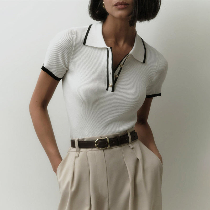 Ribbed Knit Top With Tailored Lapel
