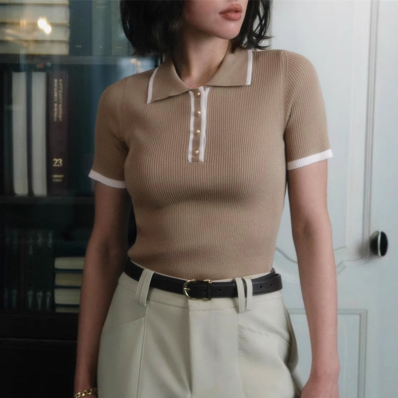 Ribbed Knit Top With Tailored Lapel