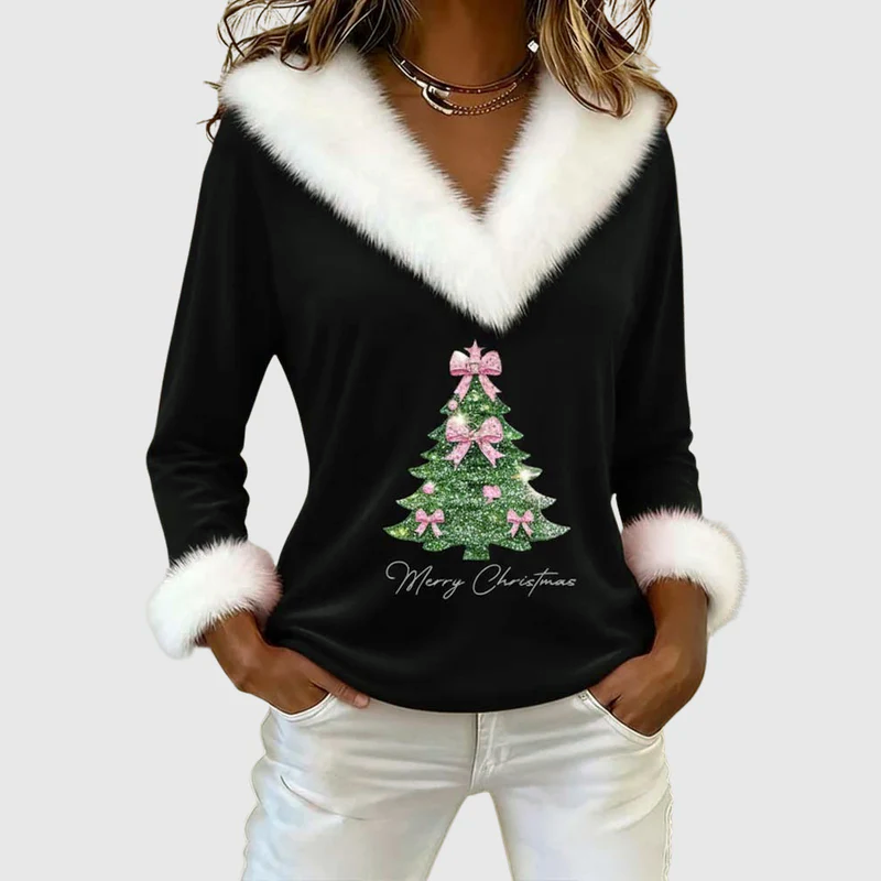 Women Christmas Top - Festive Fur Trim
