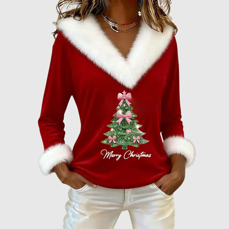 Women Christmas Top - Festive Fur Trim