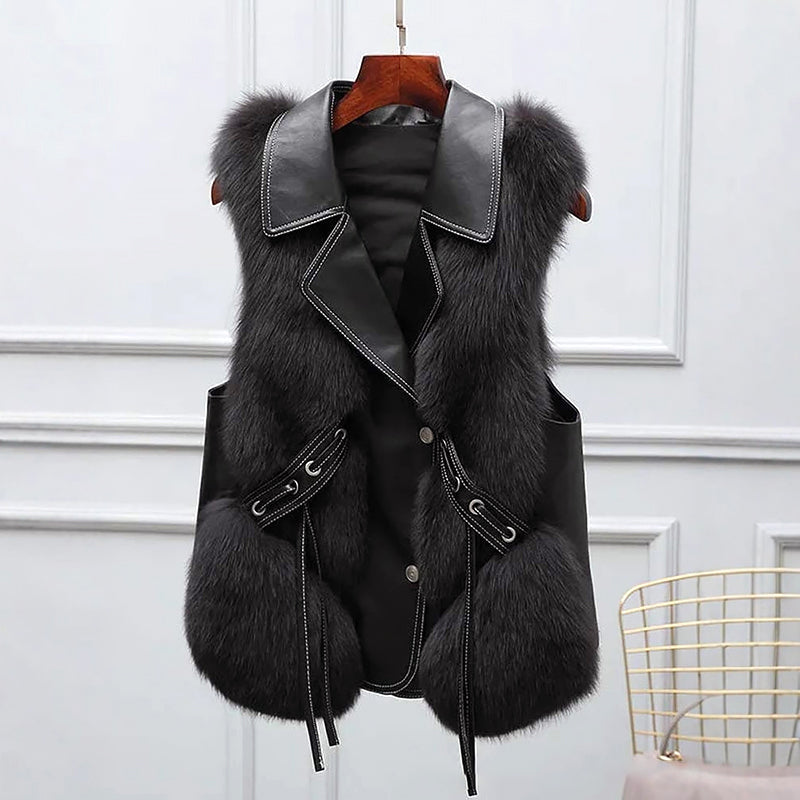 Women's Faux Fur Vest Featuring Lapel Collar & Waist Tie
