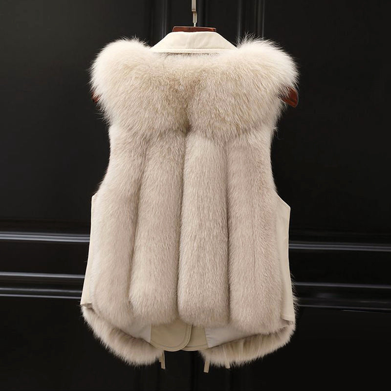Women's Faux Fur Vest Featuring Lapel Collar & Waist Tie