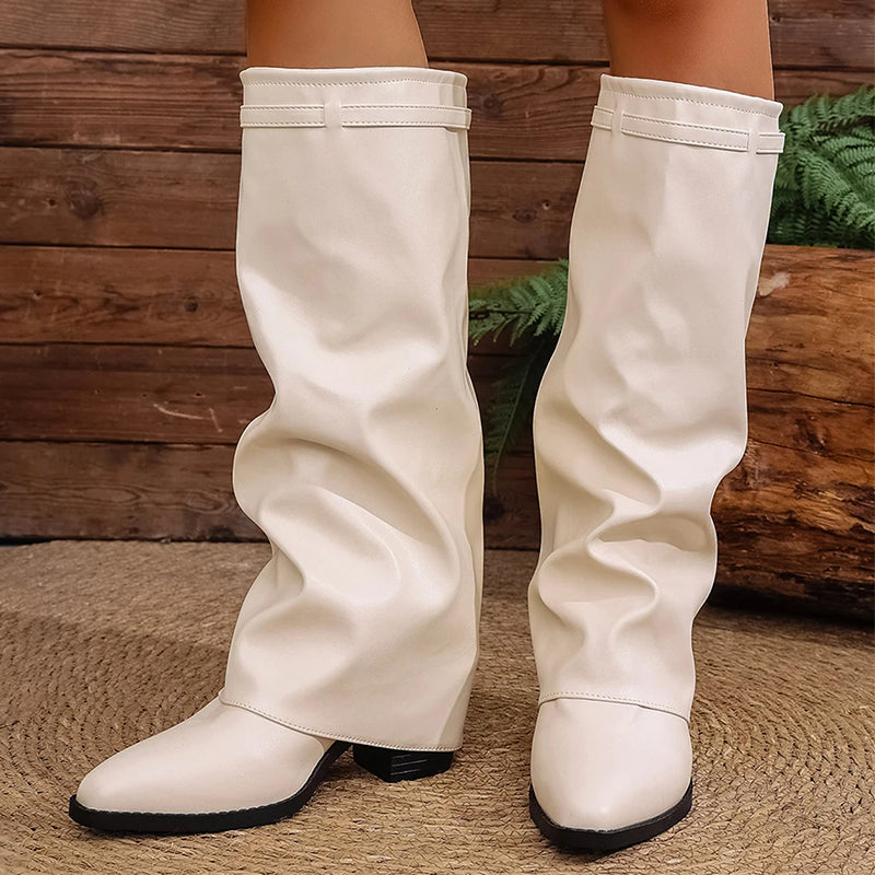 Fold-Over Knee Boots Featuring Square Heel