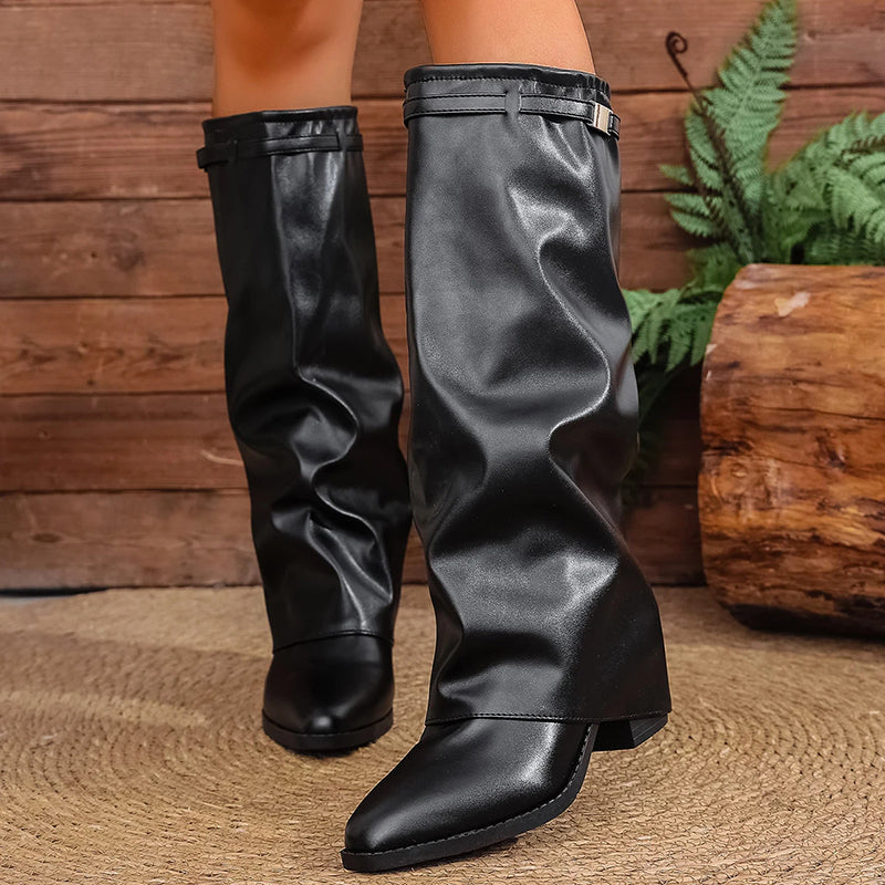 Fold-Over Knee Boots Featuring Square Heel