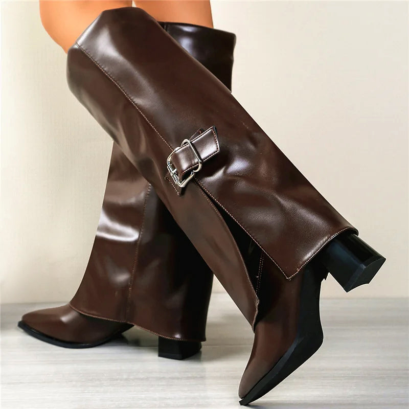 Foldover Knee Boots With Buckle