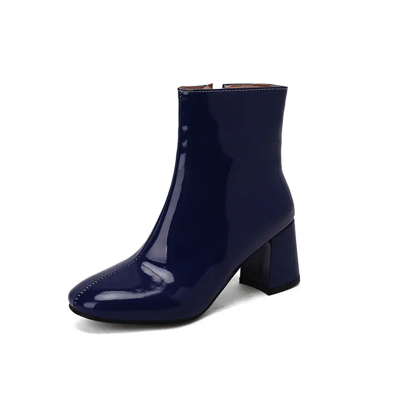 Glossy Leather Ankle Boots Stylish Block Heel